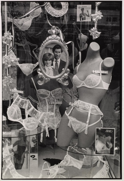 Lingerie shop window with picture of royal couple, London, England