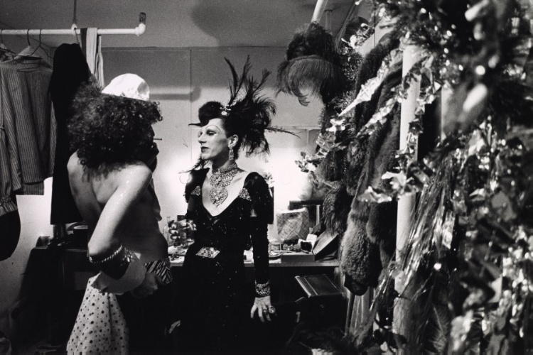 Transvestites in dressing room at a performance of the "Cockettes," New York City