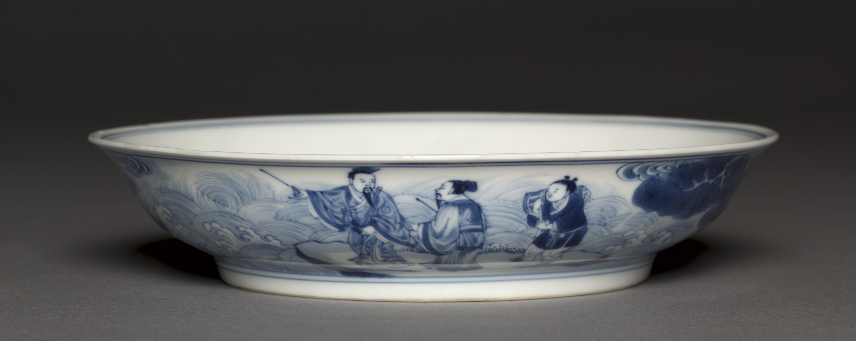 Dish with Laozi Riding a Water Buffalo (interior); Pavilion and Immortals in Rocky Landscape (exterior)