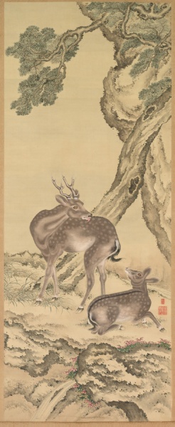 Symbols of Longevity: Deer under Peach and Pine (Peach) (left)