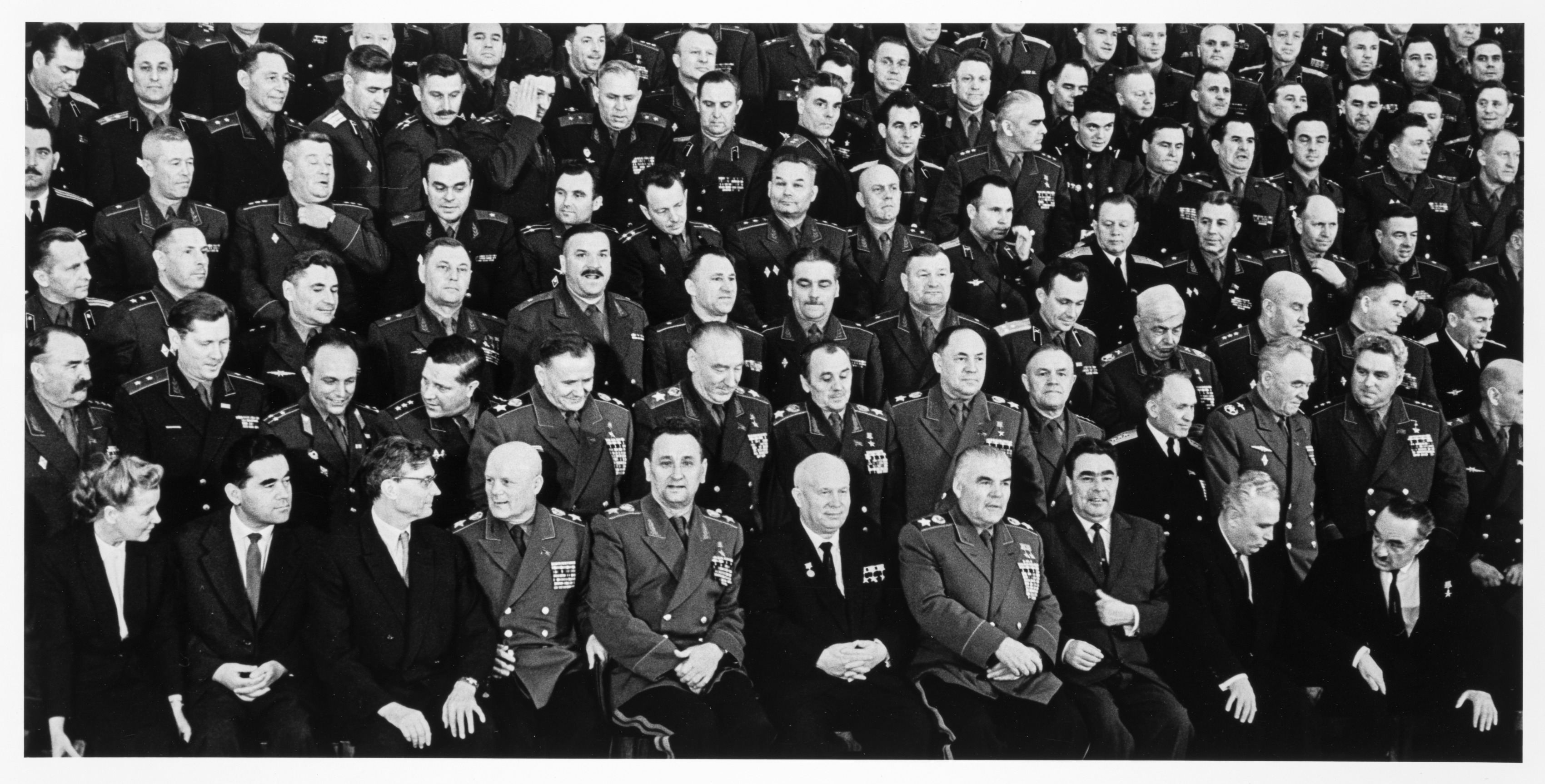 Khrushchev and the Soviet leadership (including Brezhnev, Furseva, Suslov and Mikoyan) among military commanders