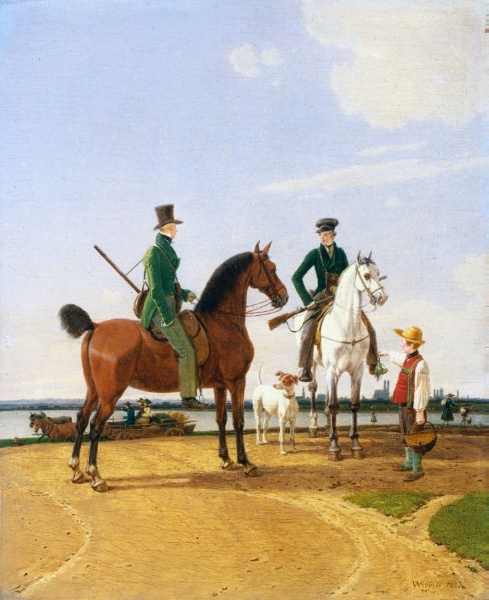 Hunter and Lord at the River Isar with View of Munich
