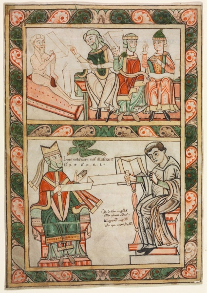 Title Page of St. Gregory's "Moralia": Job Visited by His Three Friends (above) and Gregory the Great and His Deacon Peter (below)