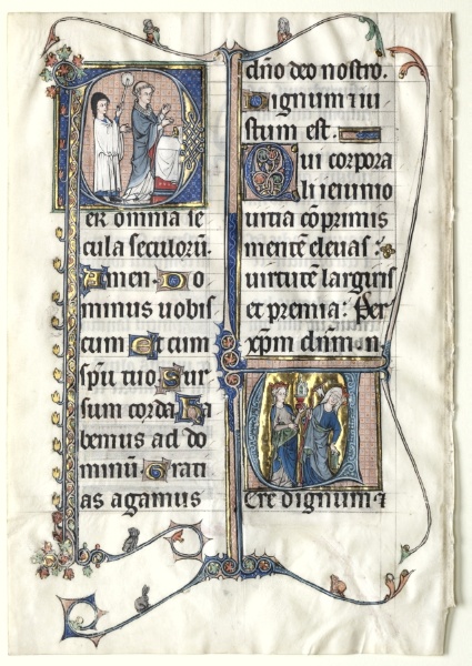 Leaf from a Missal with Two Historiated Initials: Initial P[er omnia saecula saeculorum] (A Priest Celebrates Mass) and Initial V[ere dignum et iustum est] (Ecclesia and Synagogue)