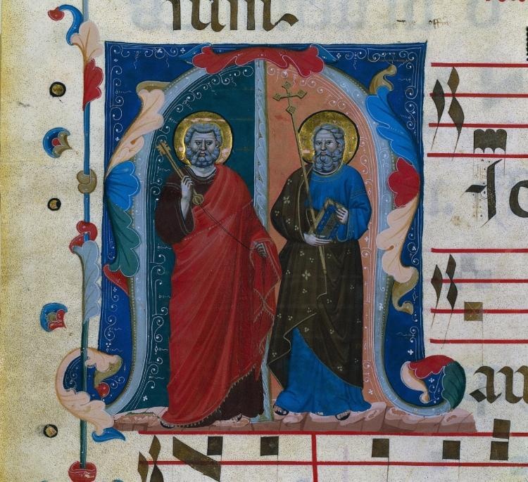 Leaf from a Gradual with Historiated Initial (M): Saints Peter and Andrew
