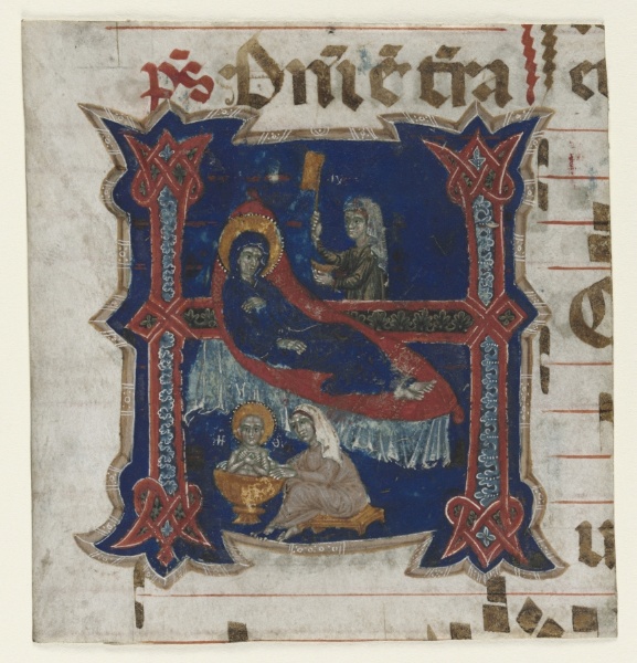 Fragment of a Choir Book with Historiated Initial (H): Birth of the Virgin