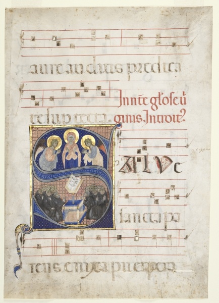 Initial S[alve sancta parens] with the Virgin Adored by Angels, and Singing Benedictine Monks:  Single Leaf from a Gradual