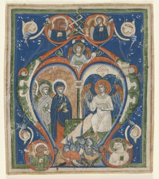 Initial A[ngelus Domini descendit] from an Antiphonary: The Three Marys at the Tomb