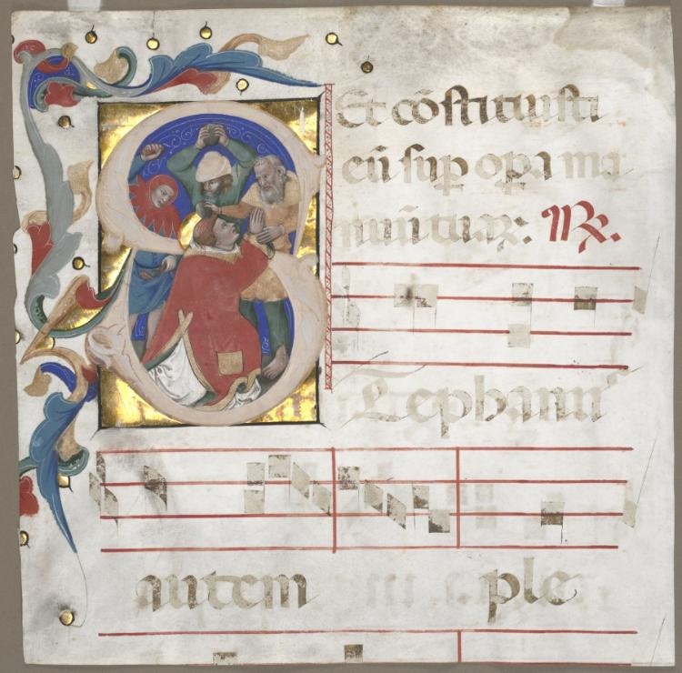 Fragment of an Antiphonary with Historiated Initial (S): The Stoning of St. Stephen