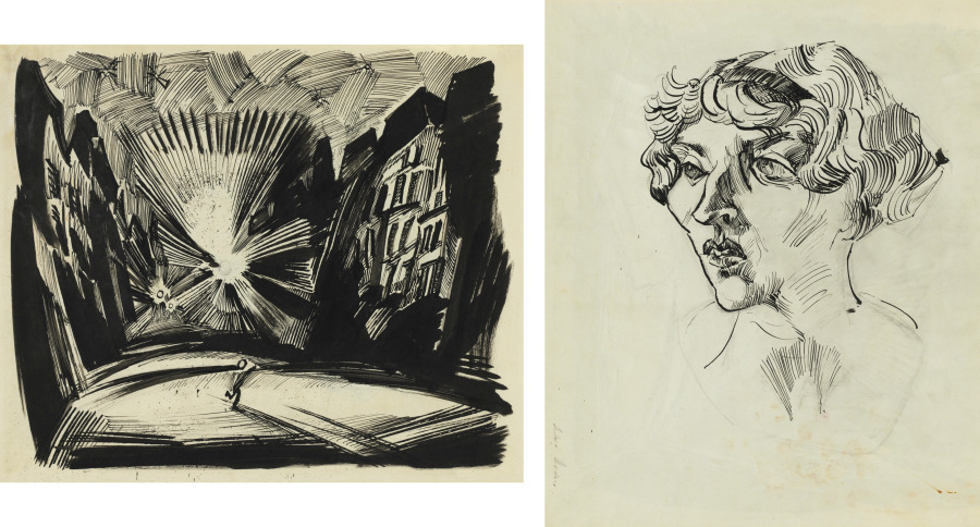 Figure in the Street at Night (recto); Portrait of a Woman (verso), Ludwig Meidner, 1913