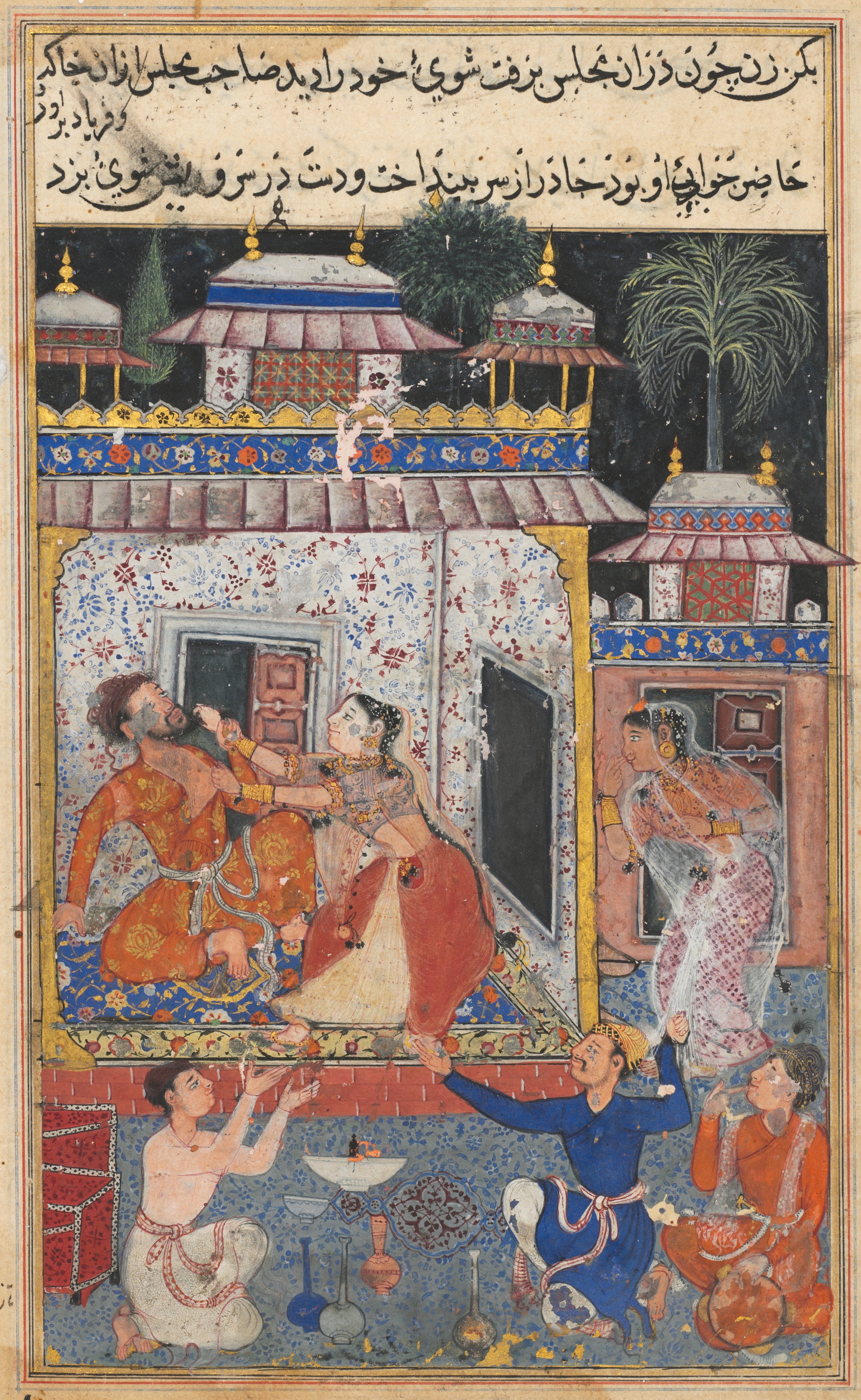 The deceitful wife assaults her erring husband, from a Tuti-nama (Tales of a Parrot): Eighth Night