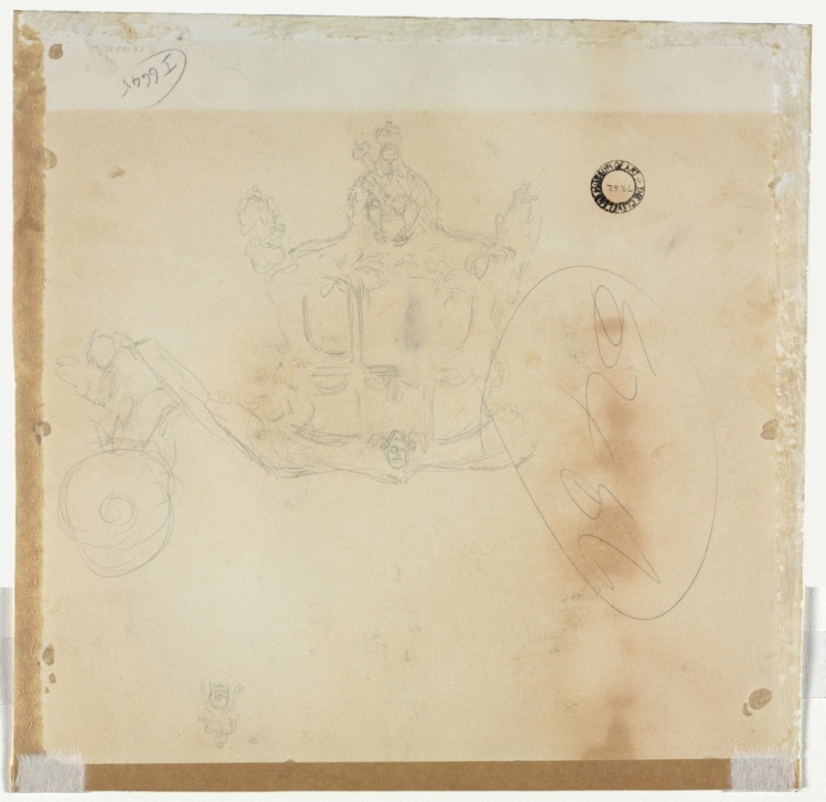 Study for Cab and Front Left Wheel of Coach and Study for Head of Crowned Figure Seated on Top of Coach (verso)