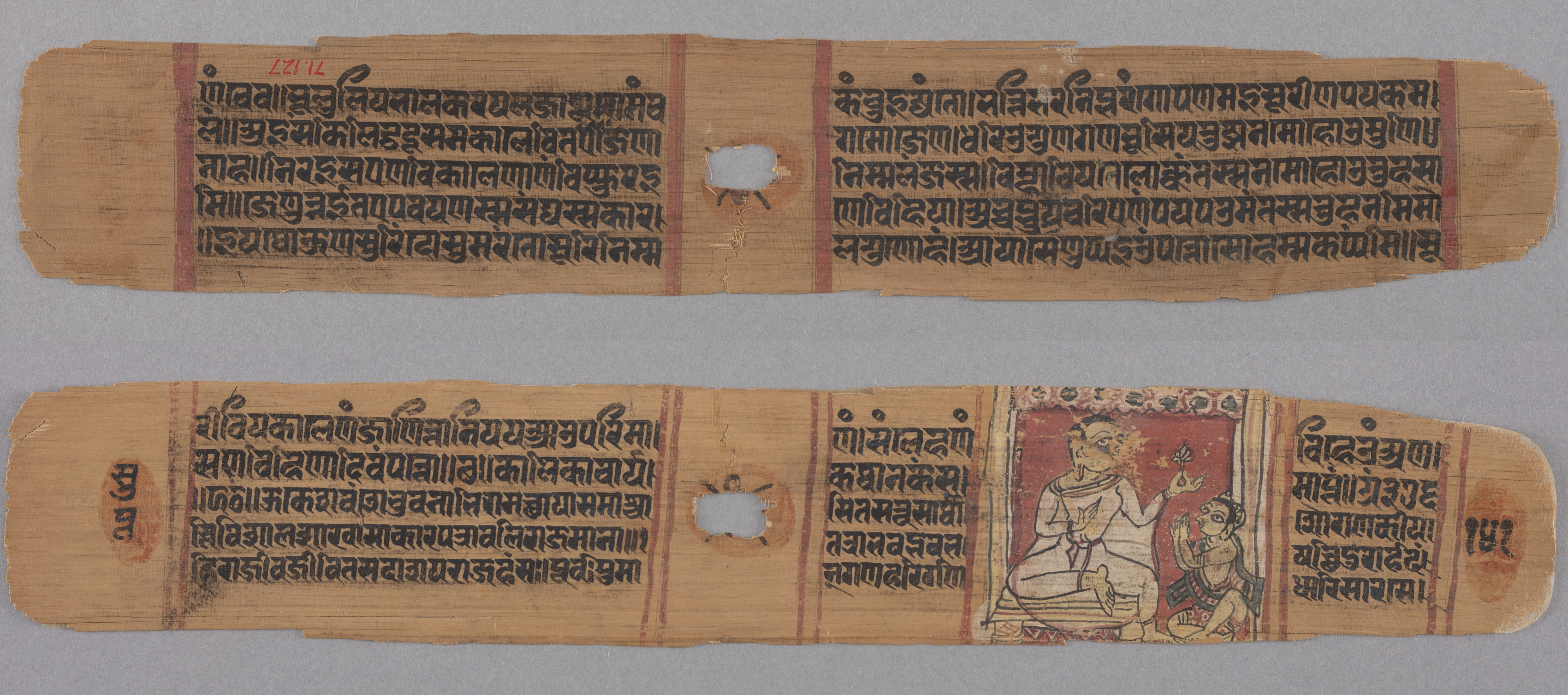 Folio 141, from a Kalpa-sutra and Story of Kalakacharya: Text (recto); Monk Holding a Flower Venerated by a Lay disciple (verso)