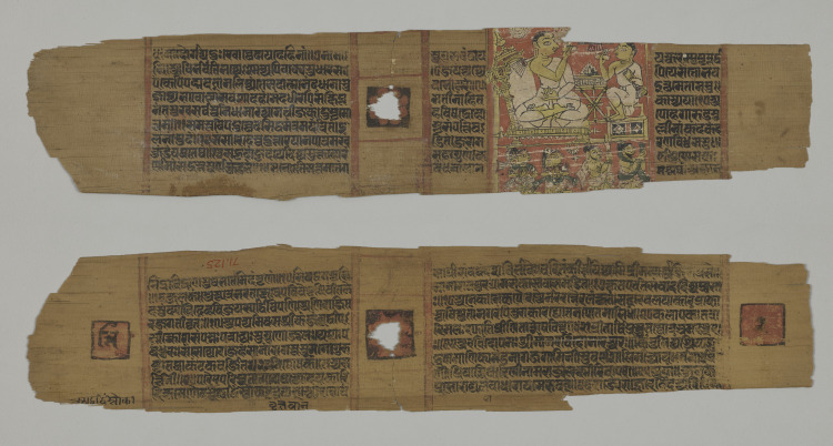 Folio 2 from a Parshvanatha Charitra (Life and Stories of Lord Parshva) of Bhavadeva-suri: Monk preaching to a disciple with a lay audience (recto); Text (verso)