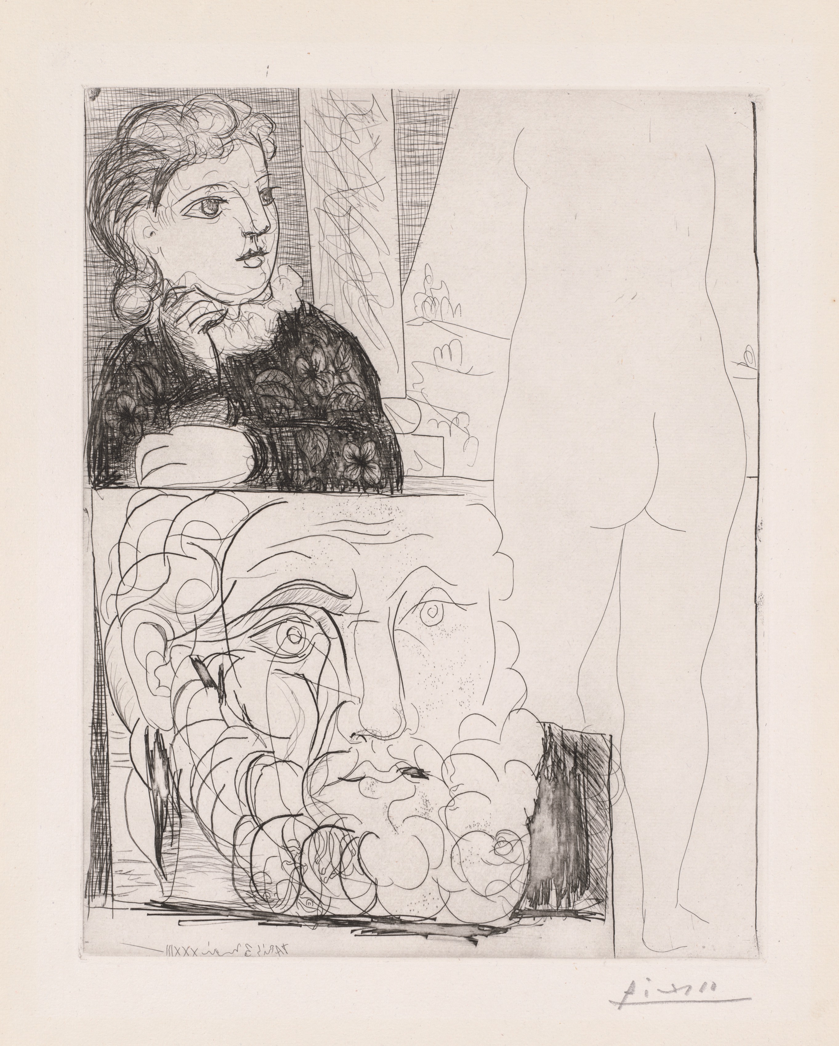 Woman Leaning on Her Elbow, Back of Sculpture, and Bearded Head
