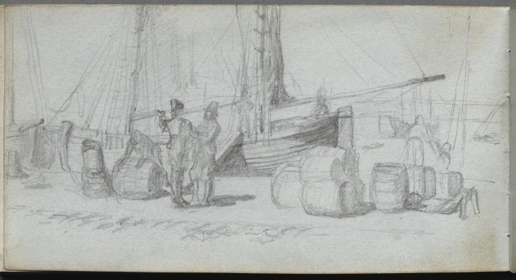 Sketchbook, page 50: Boats, Figures, Cargo on a Beach