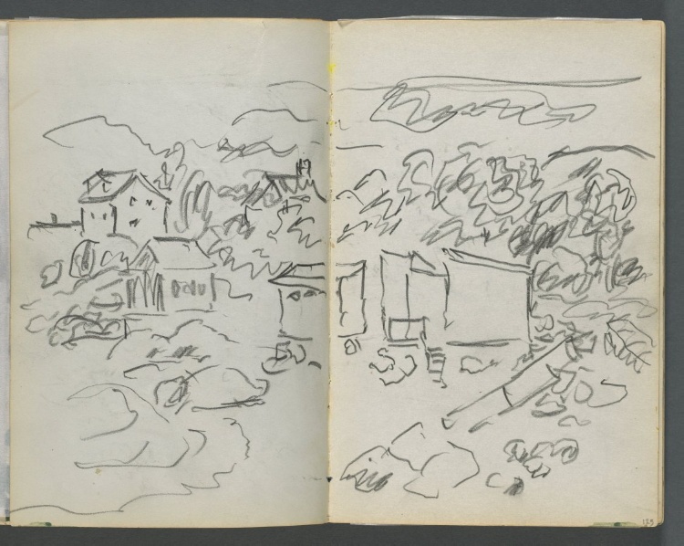 Sketchbook, The Dells, N° 127, page 124 & 125: Landscape with Houses