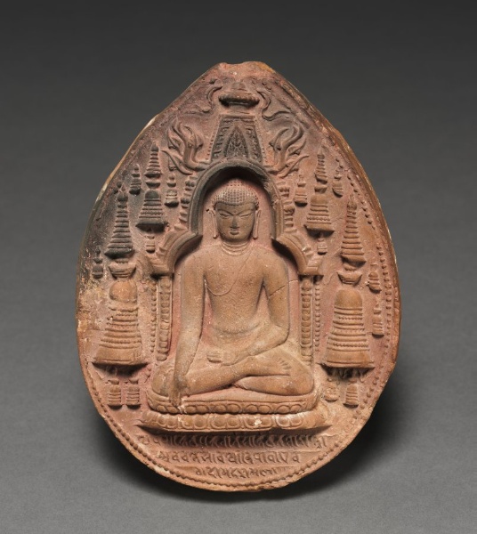 Votive Plaque with Figure of the Buddha, Temple at Bodhgaya, and Stupas