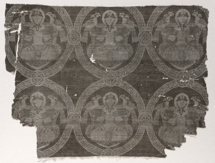 Fragment with seated prince holding falcons in kufic medallions