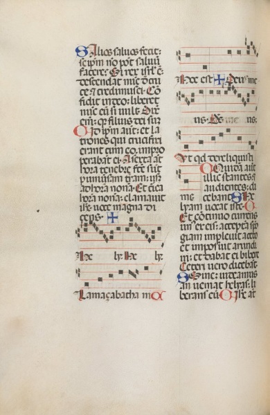 Missale: Fol. 121v: contains music for "Hely Hely Lama etc." within St. Mattion Passion