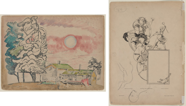 House Among Trees with a Pink Sunset (recto) Woman and Male Head (verso)