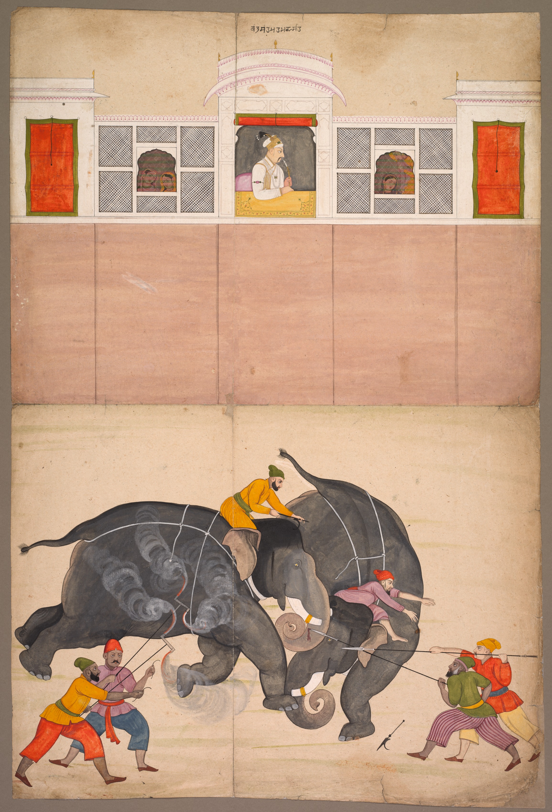 Two Elephants Fighting in a Courtyard Before Muhammad Shah