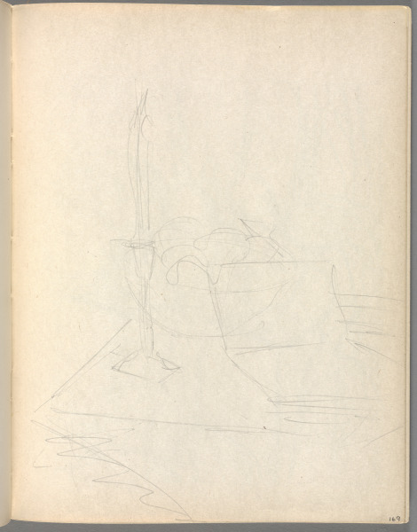 Sketchbook No. 6, page 169: Pale pencil still life of candle, bowl with fruit, open book