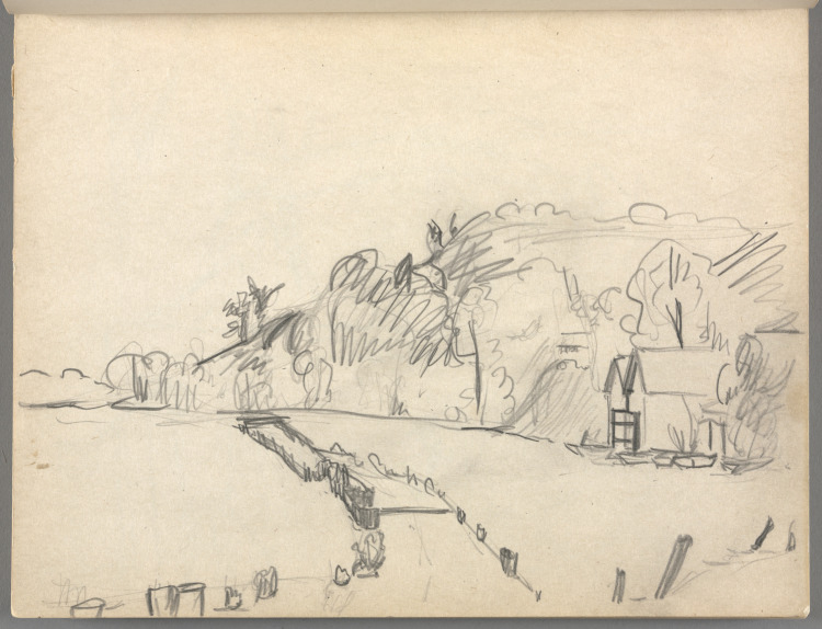 Sketchbook No. 6, page 17: Pencil sketch of landscape with dock, hill, building right