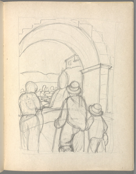 Sketchbook No. 6 page 167: Pencil drawing for color woodcut, scene on other side of block for Market Chichcasterago