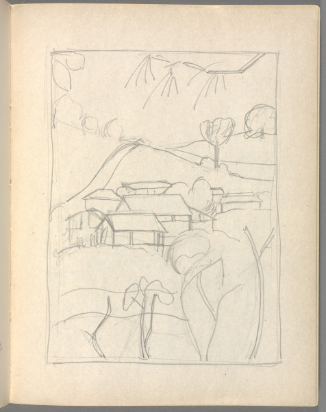 Sketchbook No. 6, page 165: Pencil drawing in borderline of houses and trees