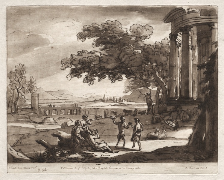 Liber Veritatis:  No. 55, A Landscape with a Temple and a Nymph and Satyr Dancing