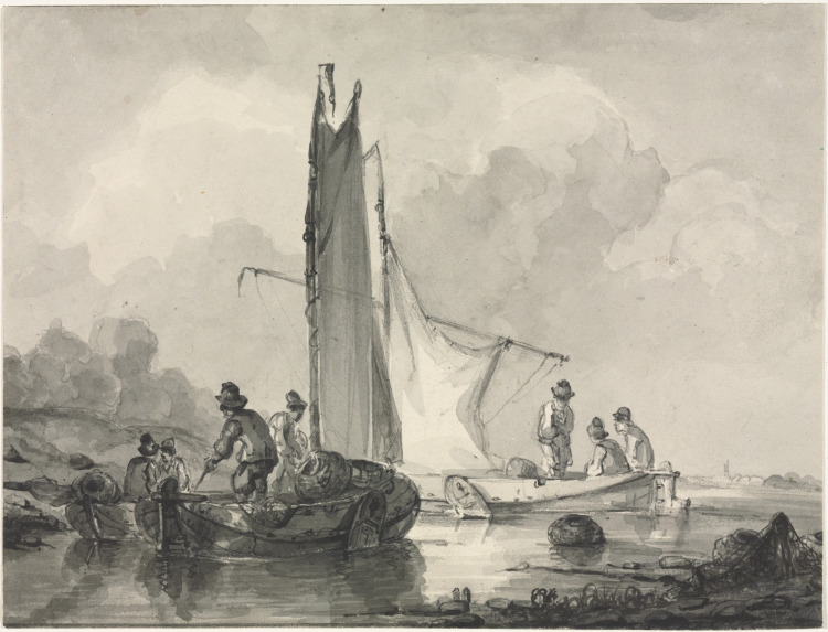 River Landscape with Fisherman and Three Boats