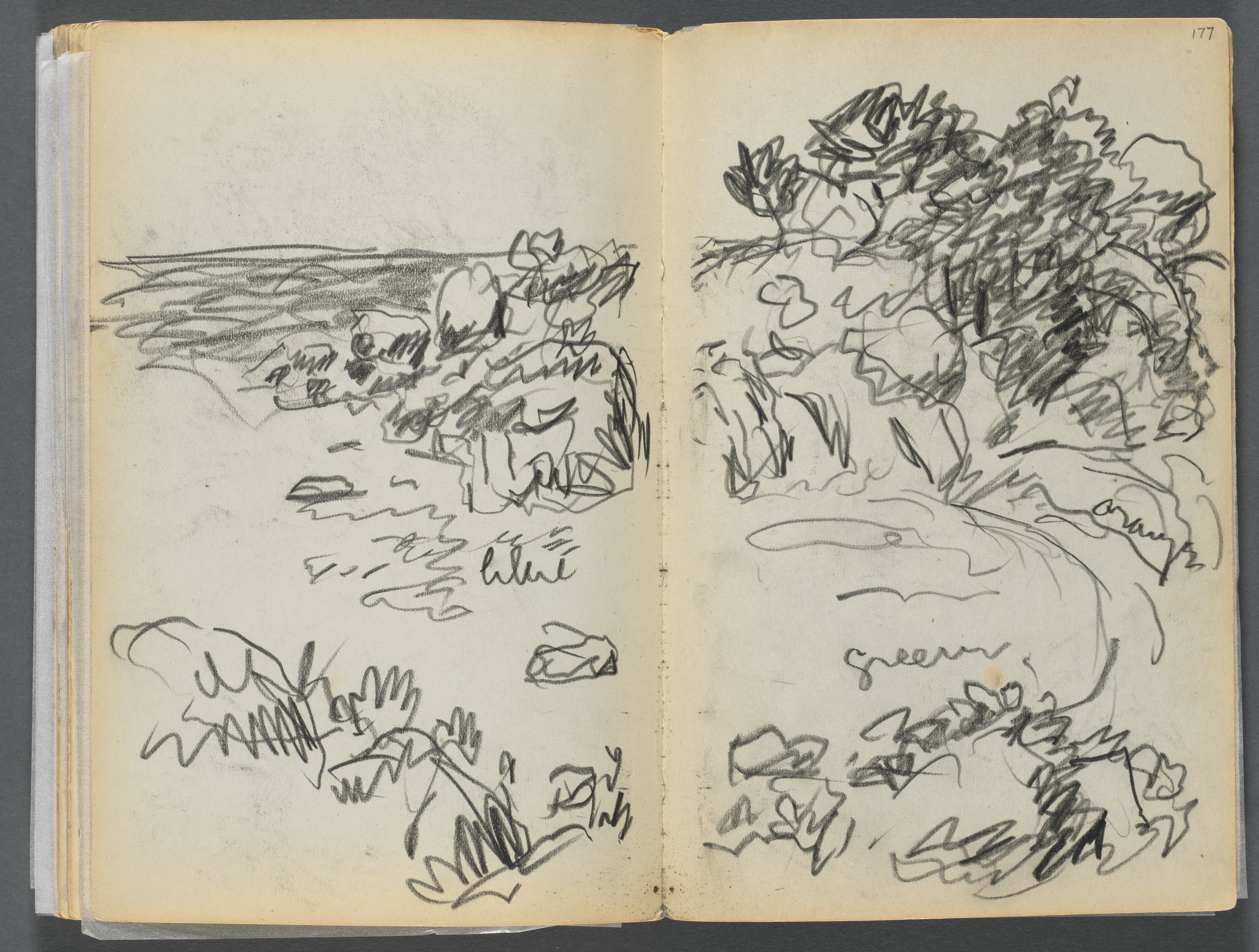 Sketchbook- The Granite Shore Hotel, Rockport, page 176 & 177: Landscape with Color Notations 