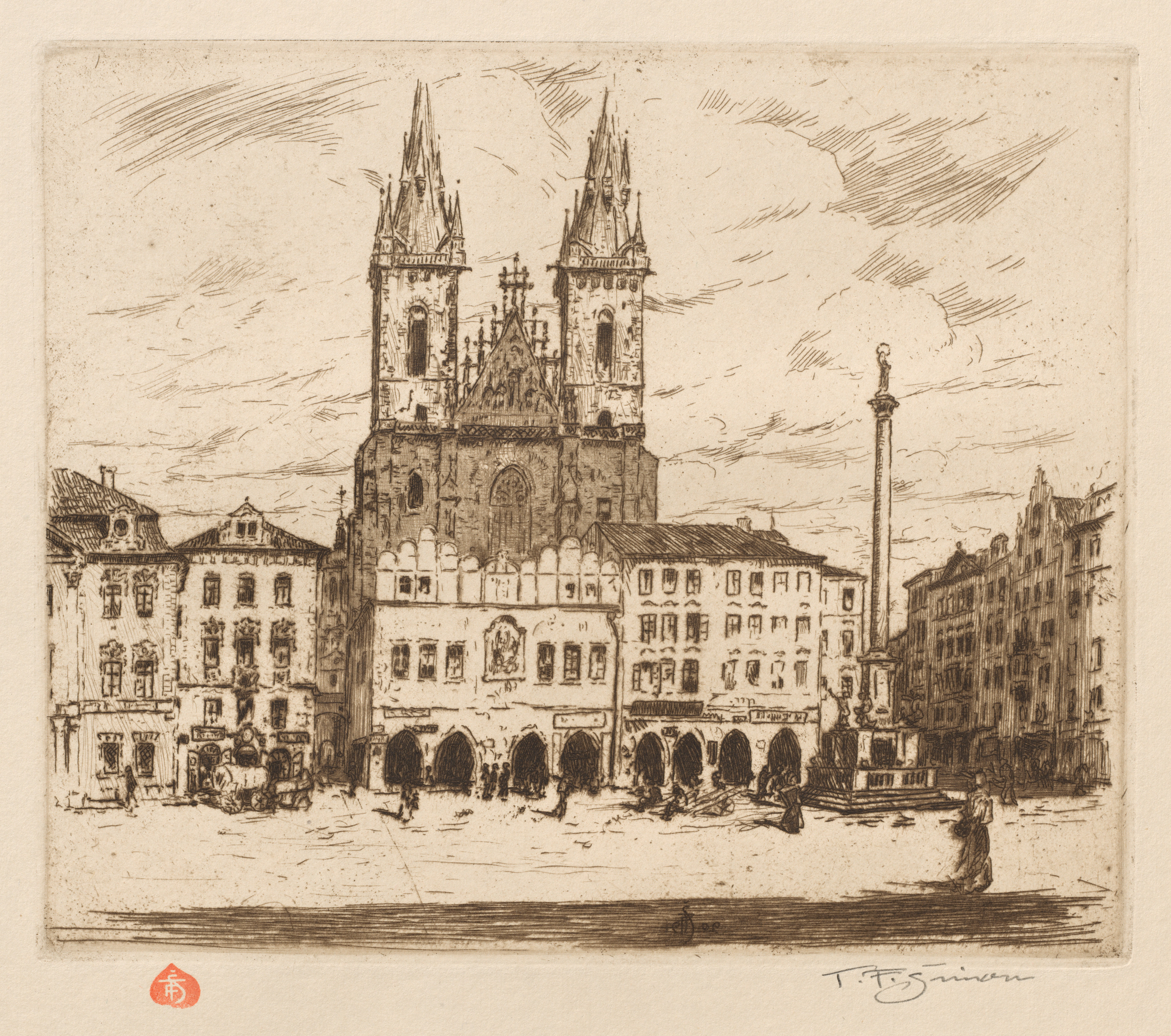 Prague: Vingt Cinq Eaux-Fortes Originales: Plate 9, Place de la Vieille Ville et l'Église de Týn
