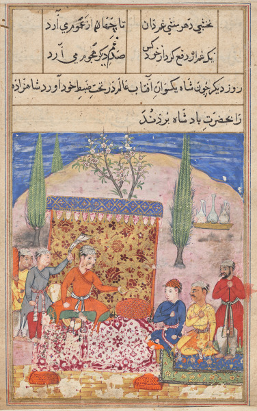 The young prince is presented to the king, his father, by his teacher, but refuses to speak, from a Tuti-nama (Tales of a Parrot): Eighth Night