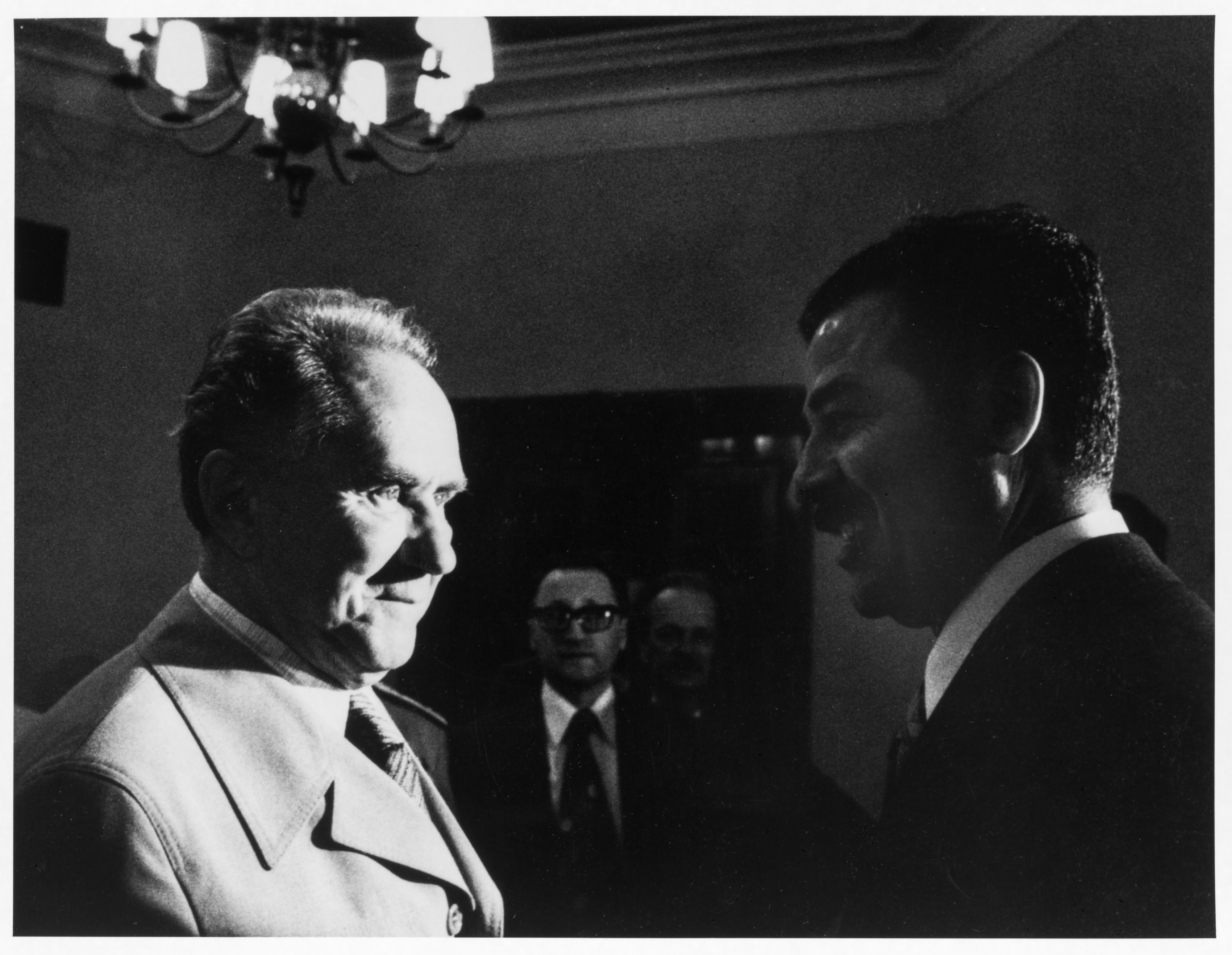 Kosygin (in light) with Saddam Hussein (in shadow), Baghdad