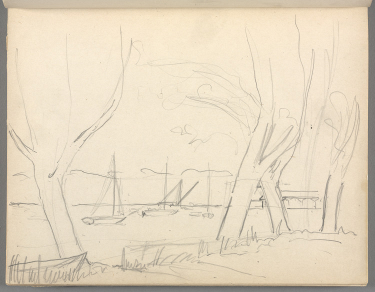 Sketchbook No. 6, page 41: Pencil drawing of sailboats in water, trees foreground 