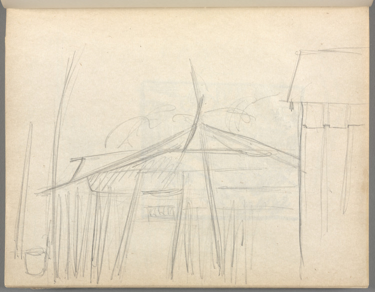 Sketchbook No. 6, page 45: Pencil sketch of tent, pail left