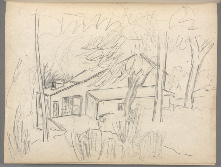 Sketchbook No. 6, page 47: Pencil house (same house as page 46) and trees 