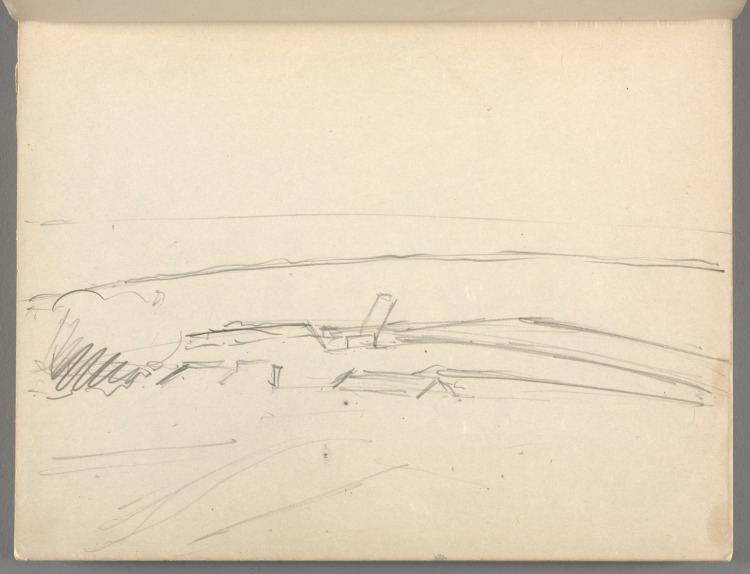 Sketchbook No. 6, page 5: Pencil sketch of cabins along shore
