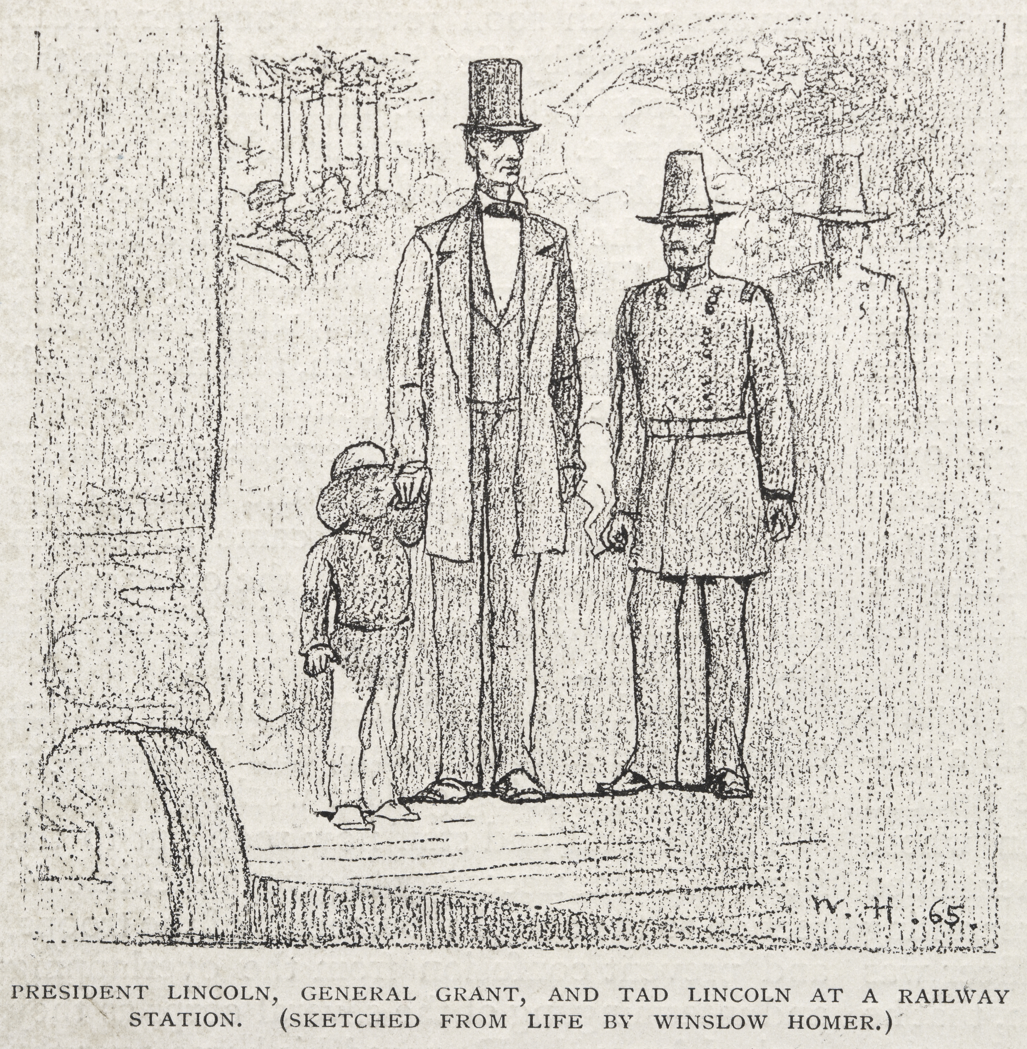 President Lincoln, General Grant, and Tad Lincoln at a Railway Station