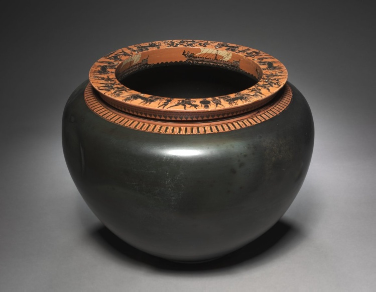 Black-Figure Dinos (Mixing Vessel): Warships (Int.); Heroic Scenes (Top)