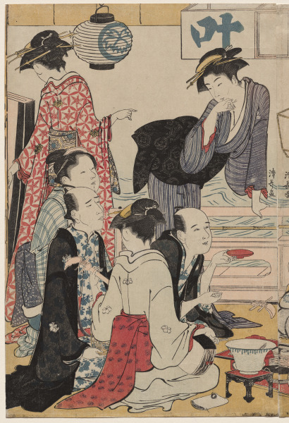 Entertainment on a Balcony by the Water at Nakasu, from the series, A Collection of Beautiful Modern Women of the Pleasure Quarters