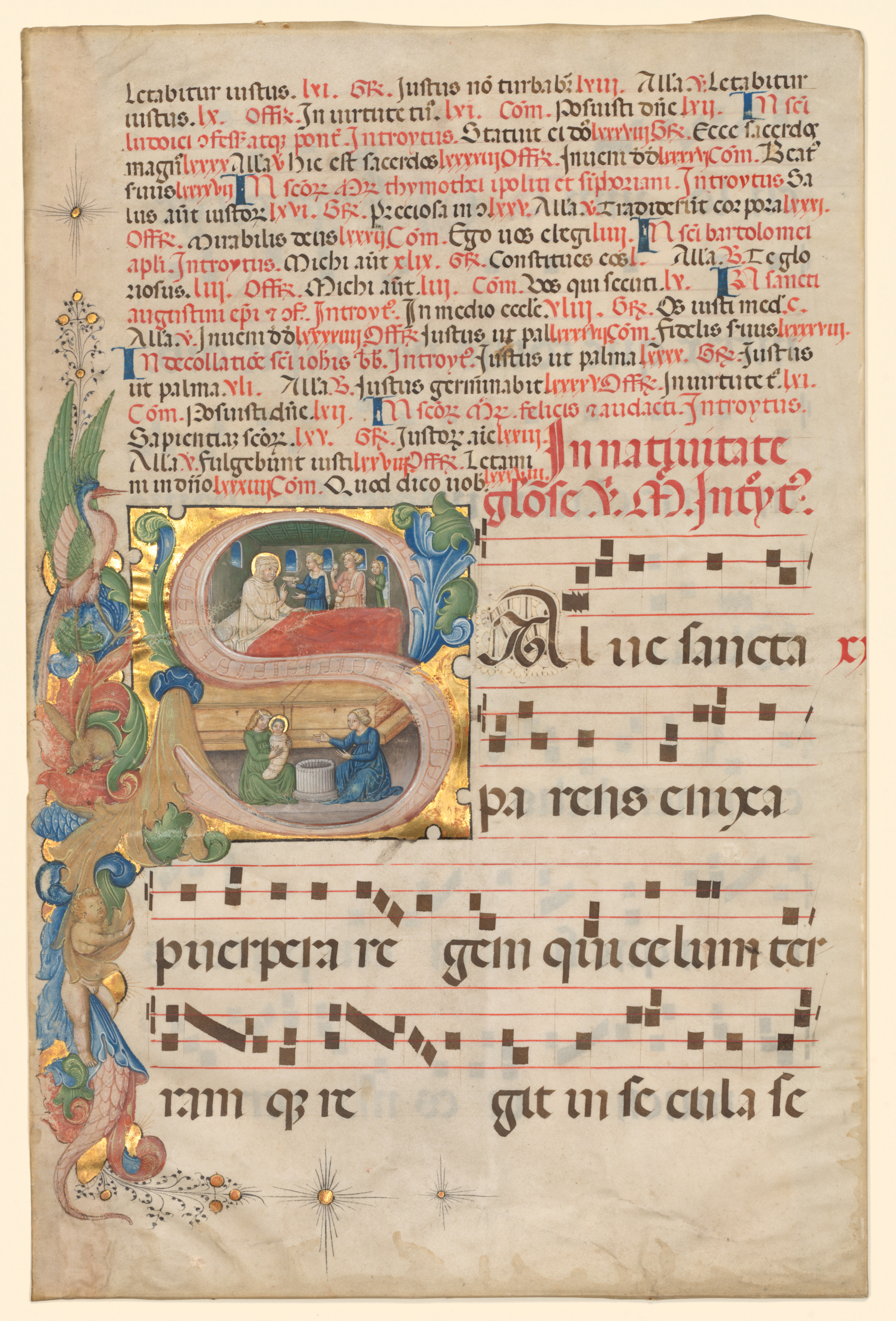Leaf from a Gradual: Historiated Initial S[alve Sancta Parens] with Birth of the Virgin (recto)
