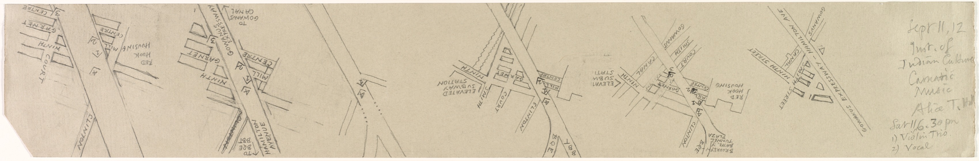 A Page of maps showing where the artist stood while working on the four partsof "Under the Gowanus on Hamilton Avenue"