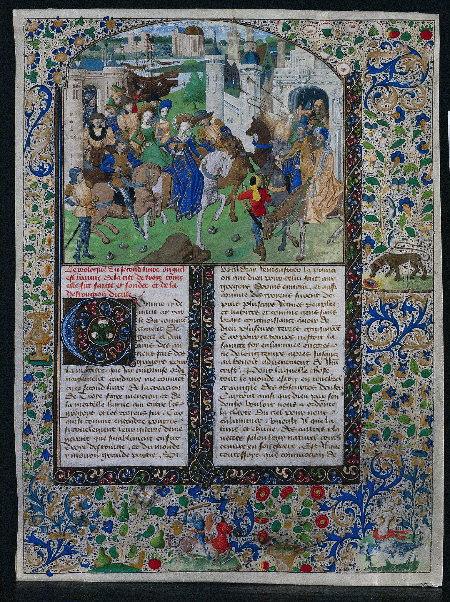 Leaf from Jehan de Courcy's "Chronique Universelle": King Priam Meets Helen and Paris outside the Gates of Troy