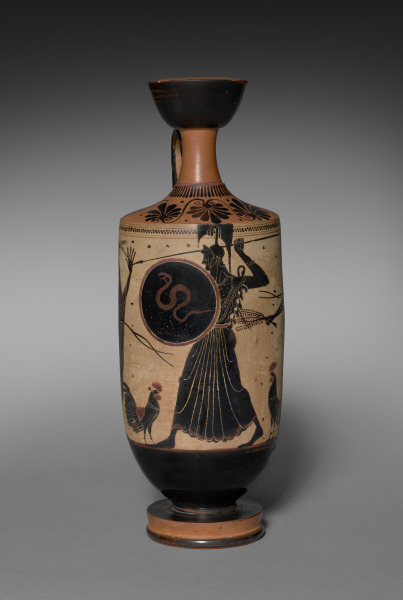 Black-Figure White-Ground Lekythos (Oil Vessel): Athena between Cocks and Hieropoioi (Officials)