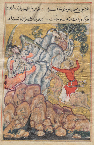 The third suitor, who is an archer, shoots the wicked fairy who has imprisoned Zuhra. He rides on a magic horse prepared by the second suitor and is led to the spot by the divining prowess of the first, from a Tuti-nama (Tales of a Parrot): Thirty-fourth Night