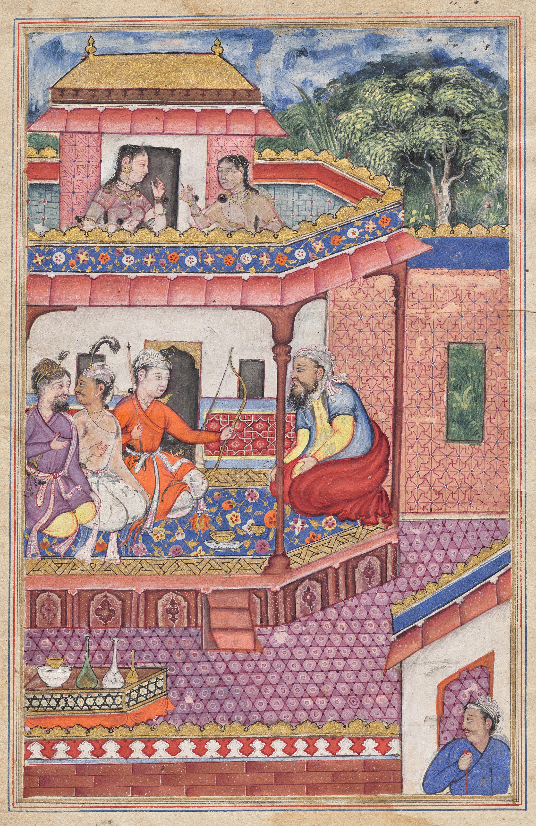 The three young men present themselves as suitors for the hand of Zuhra, the daughter of the merchant of Kabul, from a Tuti-nama (Tales of a Parrot): Thirty-fourth Night