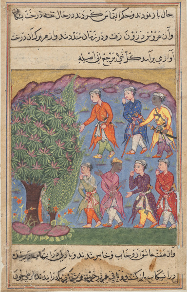 Seven men disputing possession of a woman bring her before the Tree of Justice into which she is absorbed, from a Tuti-nama (Tales of a Parrot): Sixth Night